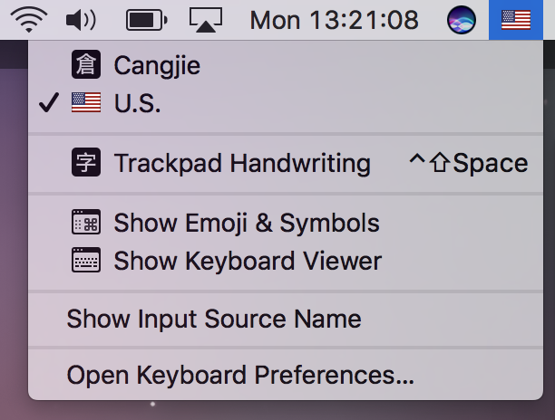 macOS image of input switcher showing U.S. English, Chinese Trackpad Handwriting, and Cangjie
